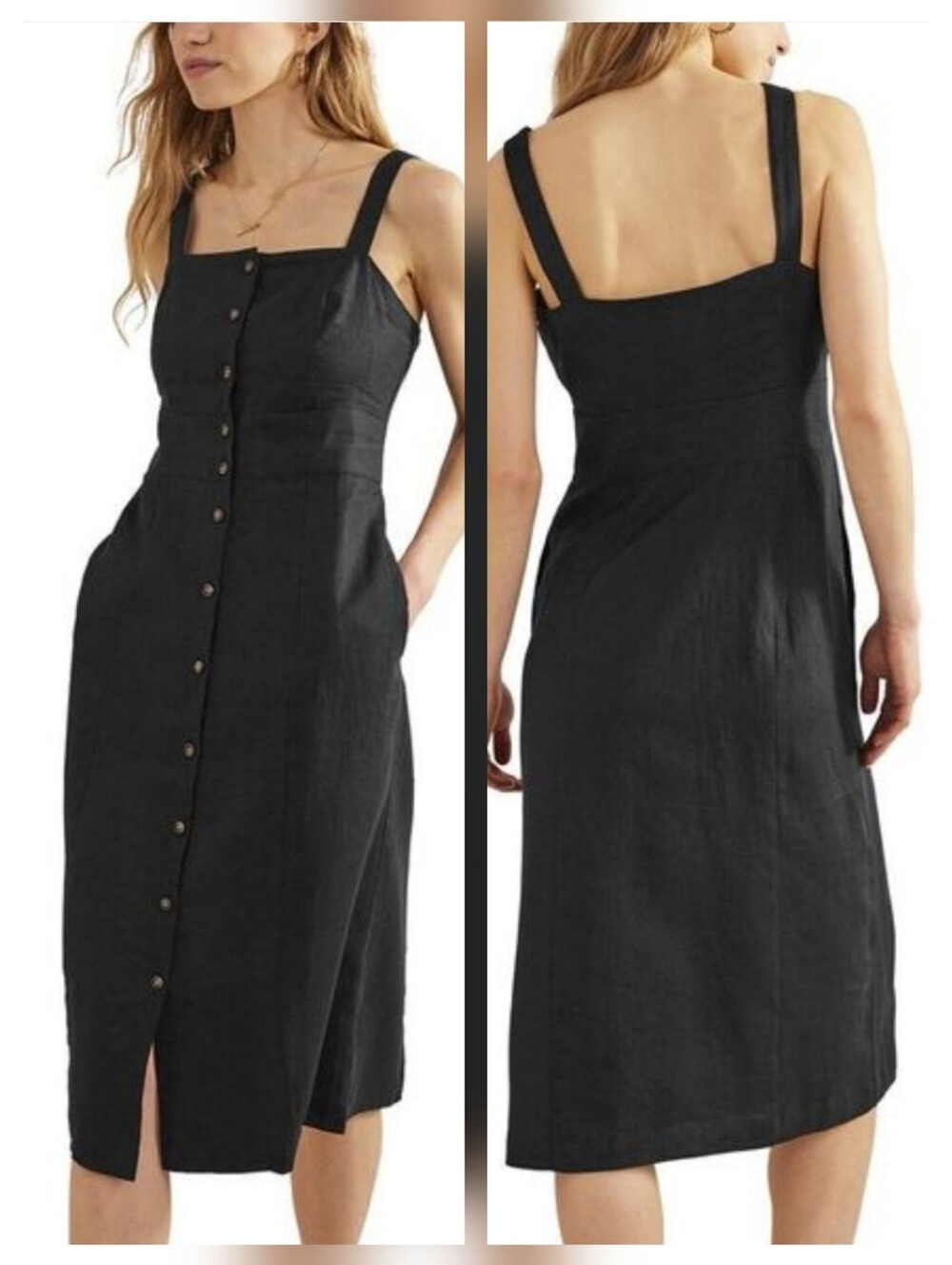 Boden Strappy Linen Blend Dress Midi Button Front Pockets Size 8R